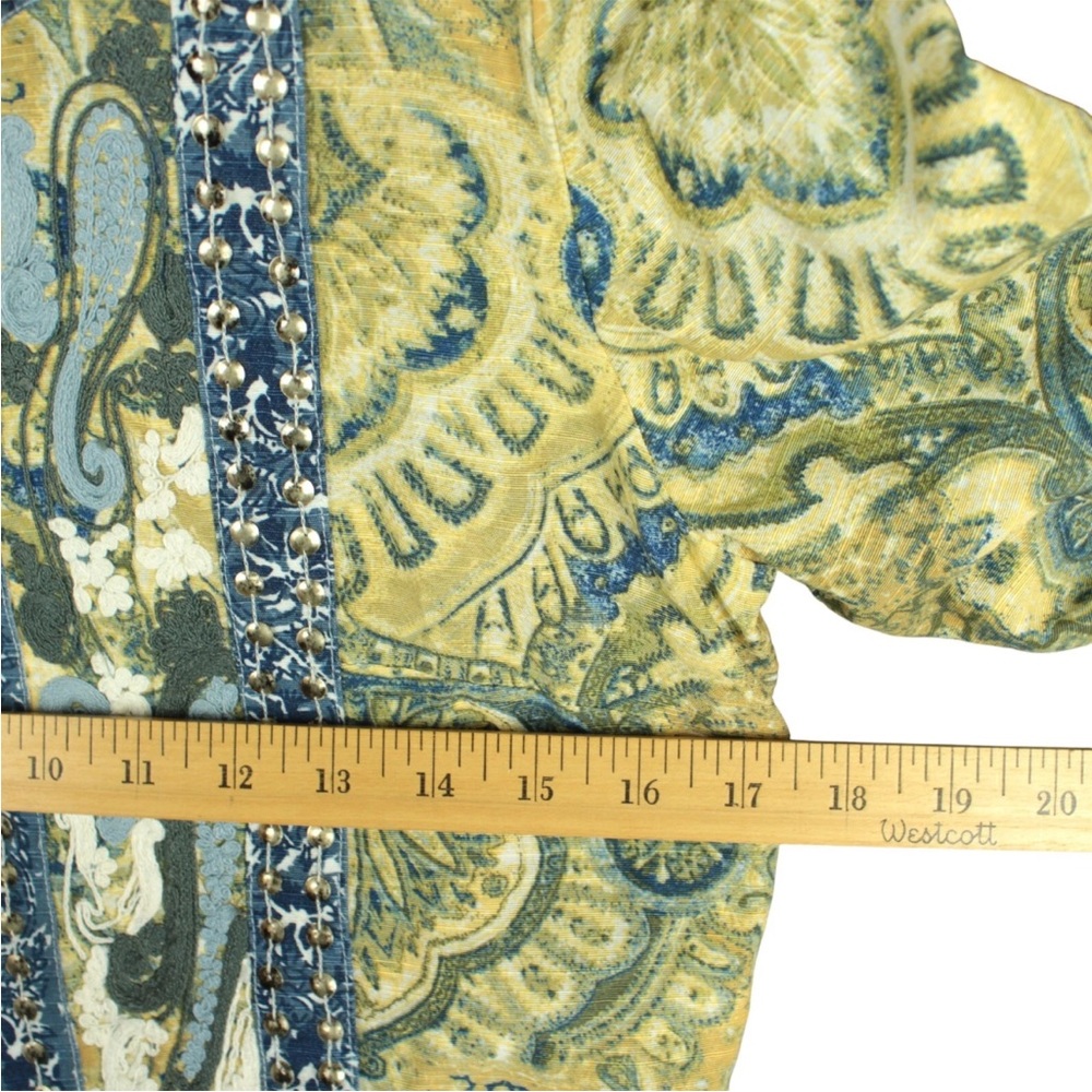 Chico's Women blazer Jacket embellished tan blue open lined Size 0 Beaded Boho - Picture 10 of 11